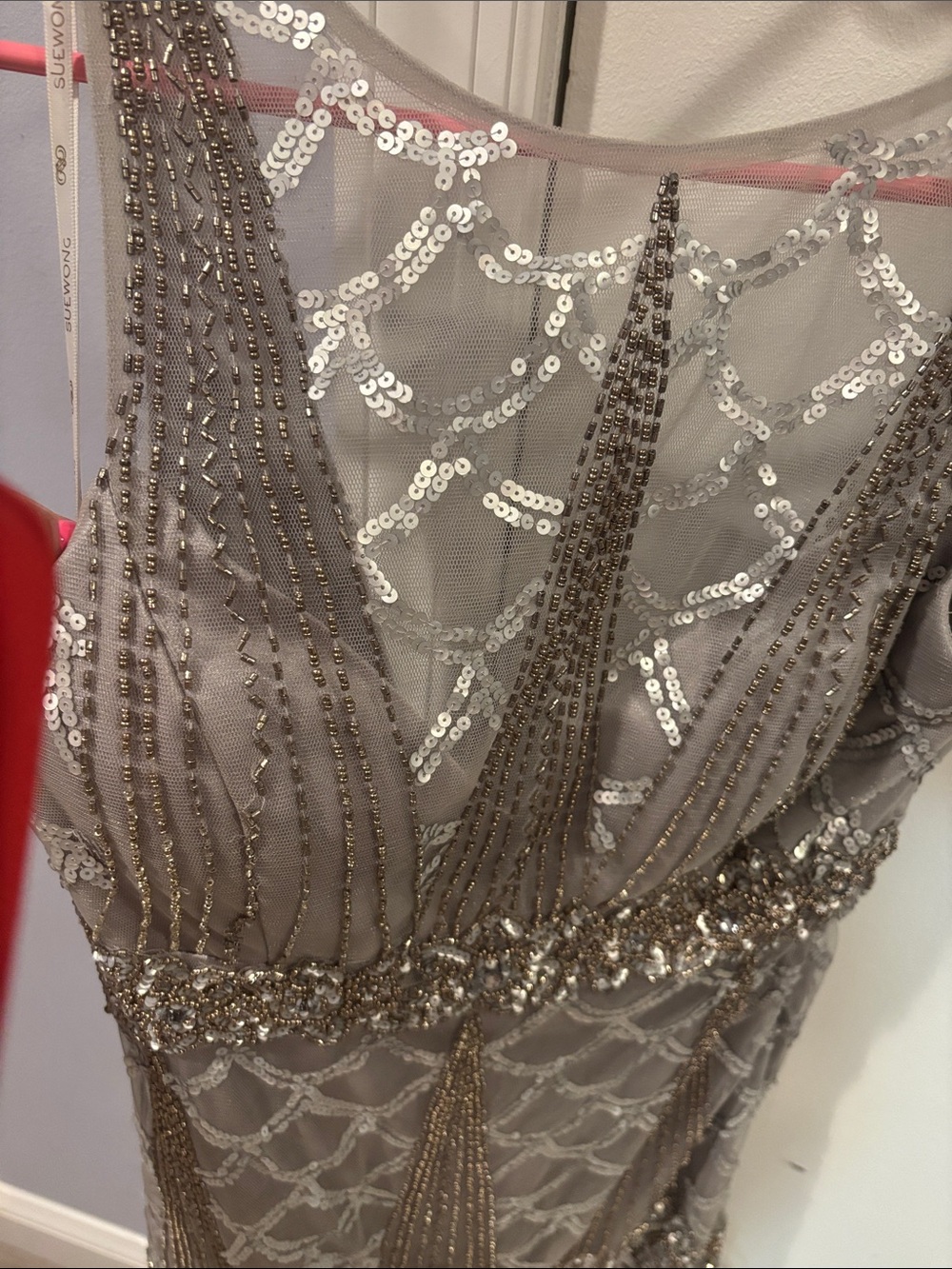 SUE WONG Beaded Feather Hem Cocktail Dress - SILVER - Picture 4 of 6